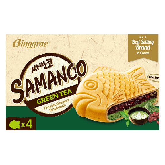 Binggrae Samanco Taiyaki Ice Cream Sandwich Green Tea 4pc 抹茶 红豆 鯛魚燒 冰激凌 20.4oz