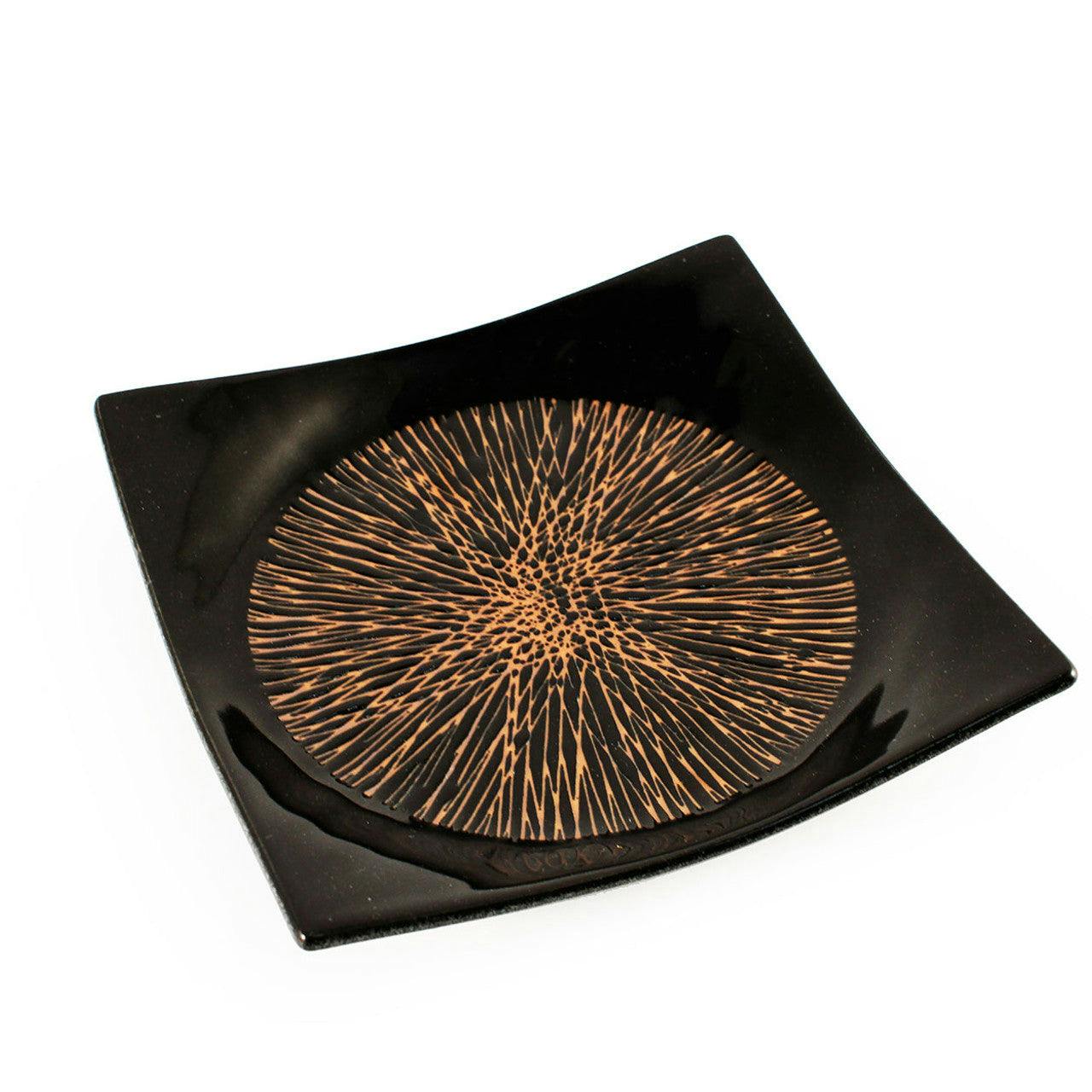 Tenmoku Black Square Plate with Radial Lines 7.1" x 7.1" 黑色 带棕色线 方形 沙拉盘
