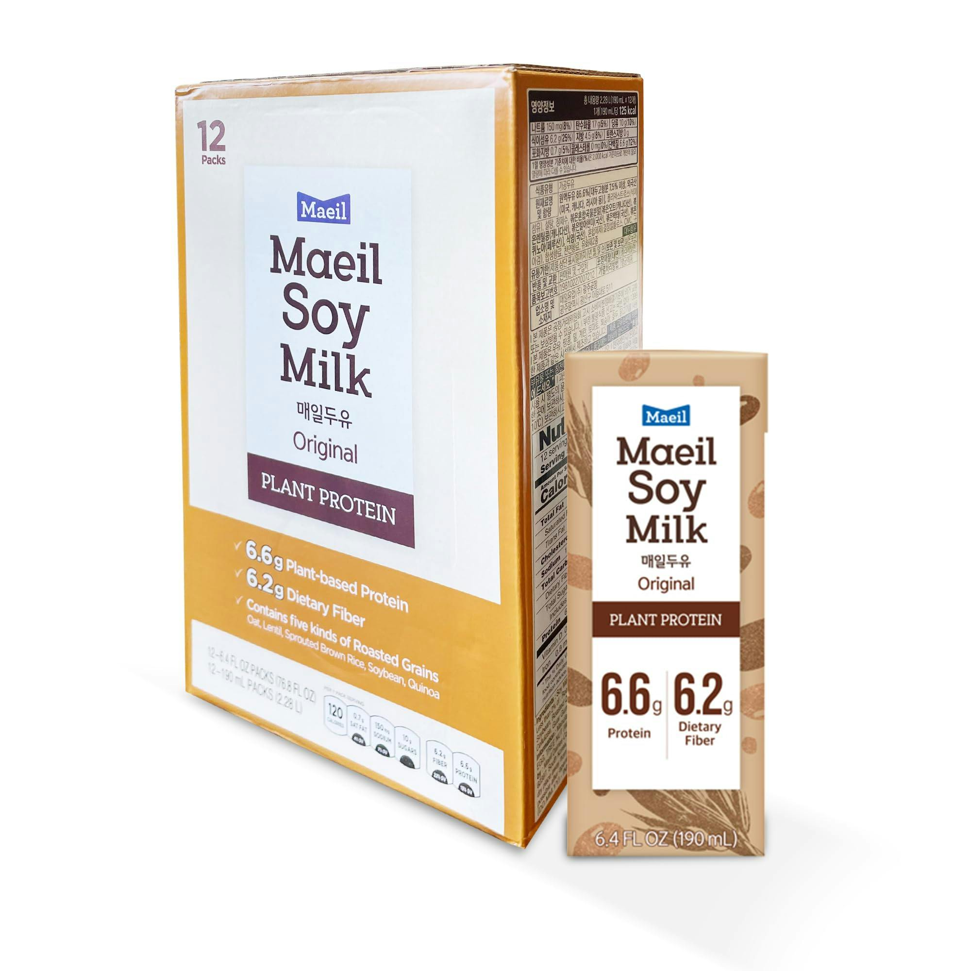 韩国 Maeil Soy Milk Original 6.4 fl.oz(190ml) 12 Packs Vegan 无添加 原味 纯素 豆奶 12盒/箱
