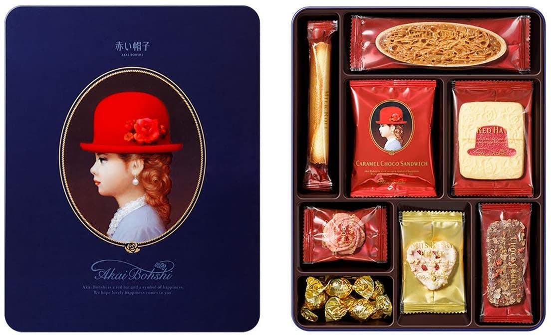 日本精致伴手礼 红帽子礼盒 蓝盒 八种二十枚 独立包装 精致铁盒
