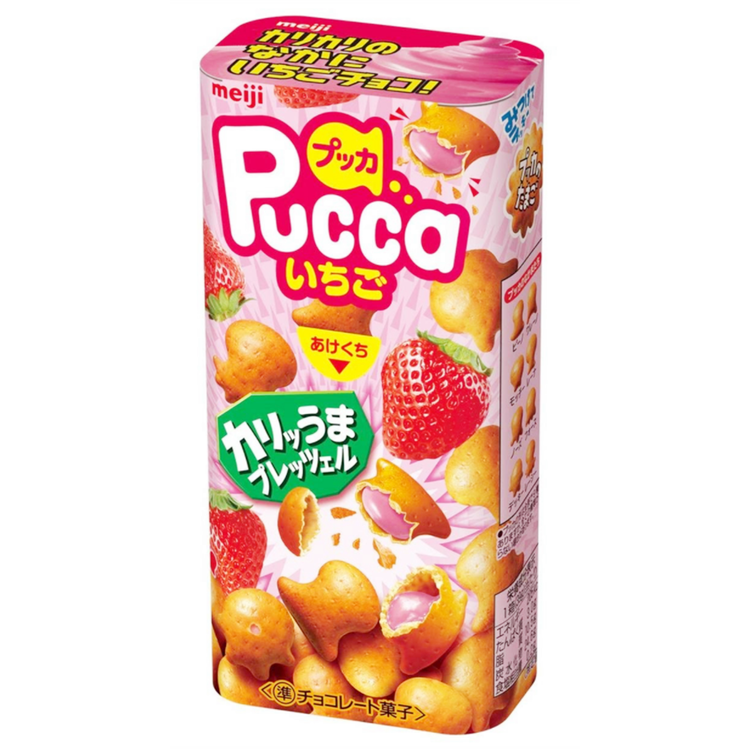 日本 明治 MEIJI Pucca Biscuits Strawberry 草莓巧克力夹心饼干 43g 人气产品
